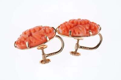 Vintage Chinese 14k Gold Carved Coral screw back Earrings