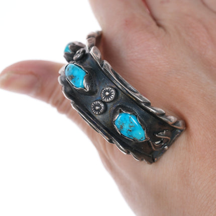 6" Carl Luthey Shop (1902-1975) Native American Silver and turquoise cuff bracelet