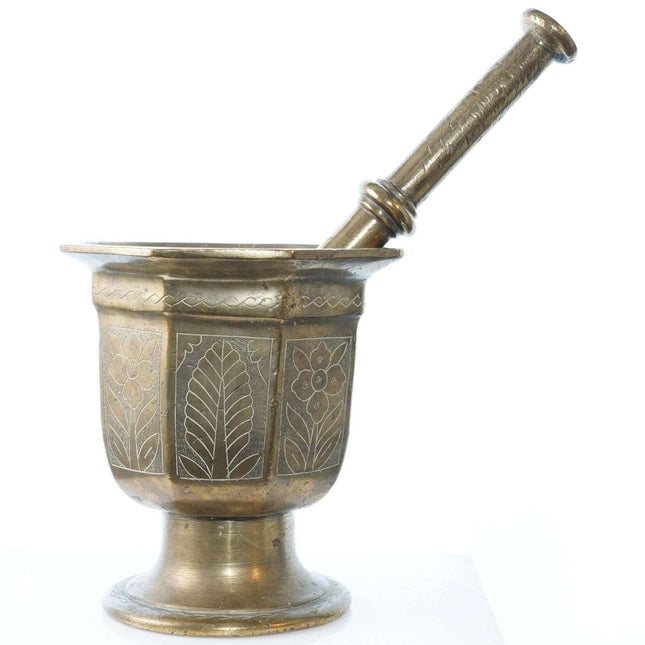 Large Early Antique Ornate Brass Mortar and Pestle