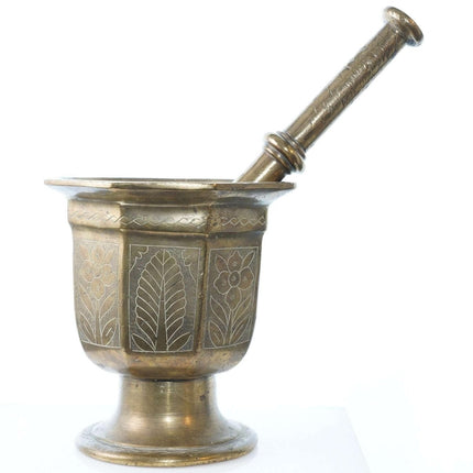 Large Early Antique Ornate Brass Mortar and Pestle