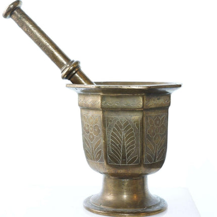 Large Early Antique Ornate Brass Mortar and Pestle