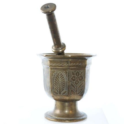 Large Early Antique Ornate Brass Mortar and Pestle