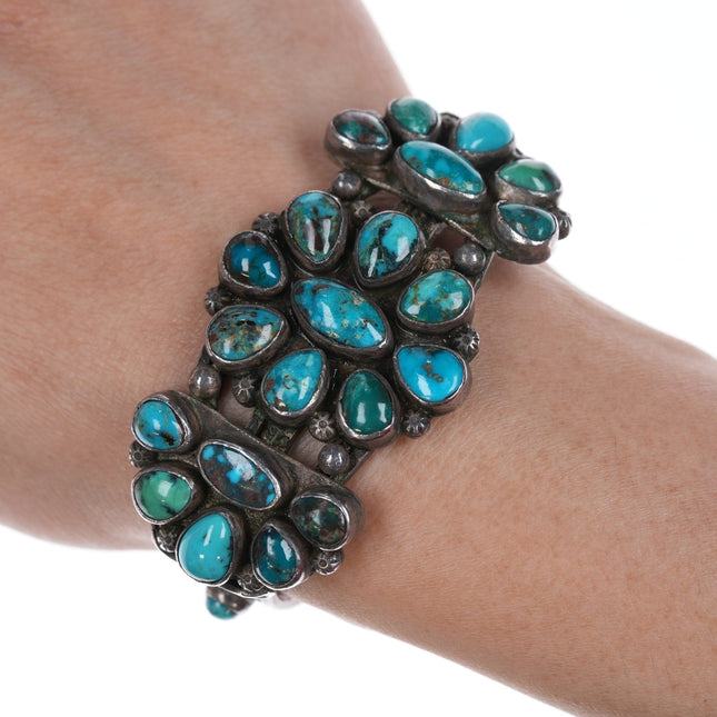 6" c1940's Native American Silver Turquoise cluster cuff bracelet
