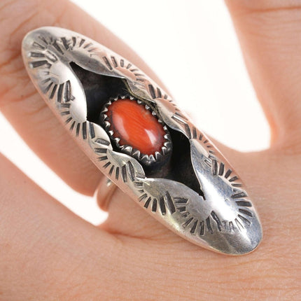 sz5 C.B Tom Native American Sterling/coral shadowbox ring