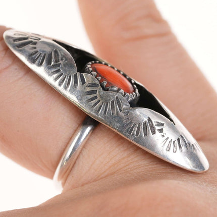 sz5 C.B Tom Native American Sterling/coral shadowbox ring