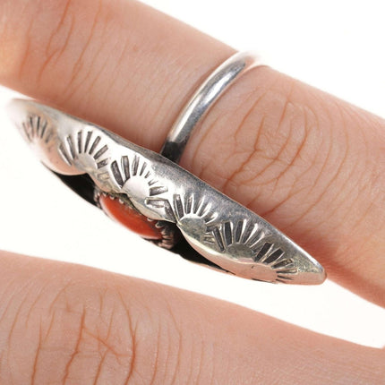 sz5 C.B Tom Native American Sterling/coral shadowbox ring