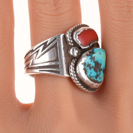 Sz12 Vintage Navajo sterling turquoise, and coral ring
