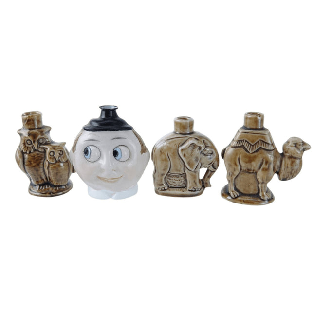 c1910 Schafer und Vater Deutschland Googly Eyed Puppe Figurale Parfümflasche Eule, Elefant, Kamel Sammlung von 4