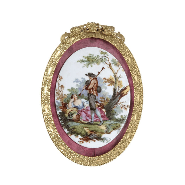 c1920 Porcelain plaque with courting scene in gilt metal frame