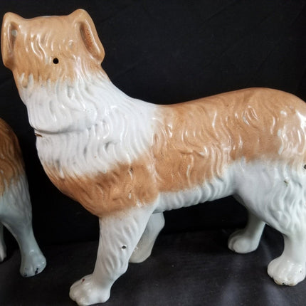 Antique Staffordshire Collie Dogs Oversized Pair 12" long x 11.25" tall c.1860's