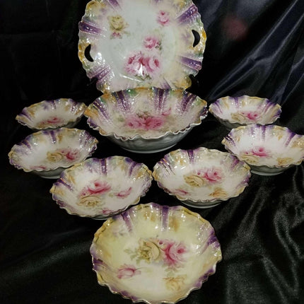 RS Prussia Berry Set and Cake Plate Roses on Rainbow Luster 9 pcs total c.1890