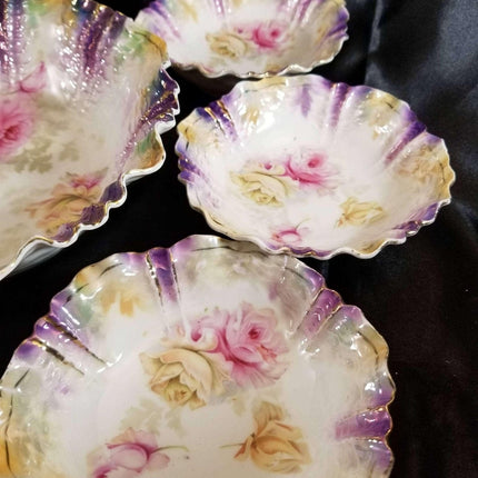 RS Prussia Berry Set and Cake Plate Roses on Rainbow Luster 9 pcs total c.1890