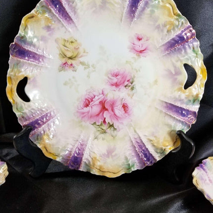 RS Prussia Berry Set and Cake Plate Roses on Rainbow Luster 9 pcs total c.1890