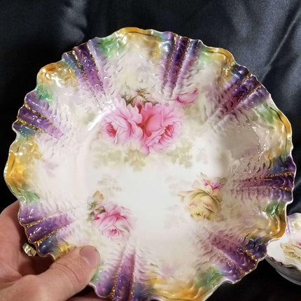 RS Prussia Berry Set and Cake Plate Roses on Rainbow Luster 9 pcs total c.1890