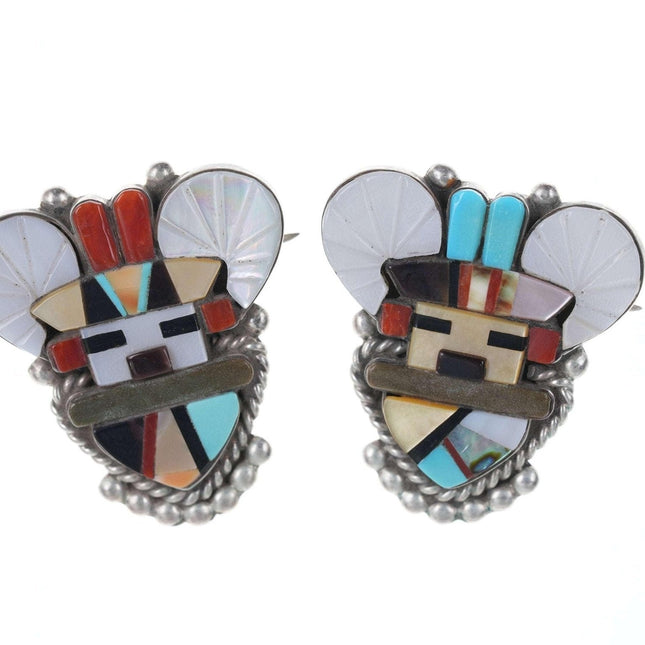 Pr Vintage Zuni Cachini Sterling Multi-stone inlay pendant/pins