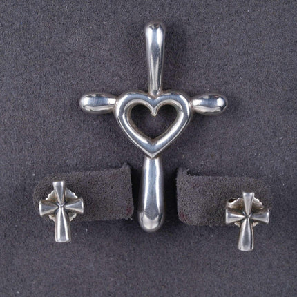 Retired James Avery Sterling silver Cross with Heart pendant and Cross stud earr