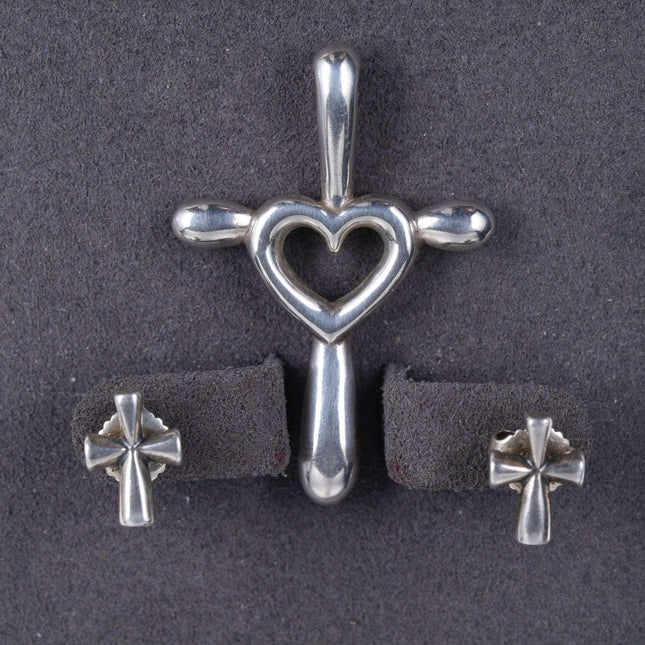 Retired James Avery Sterling silver Cross with Heart pendant and Cross stud earr