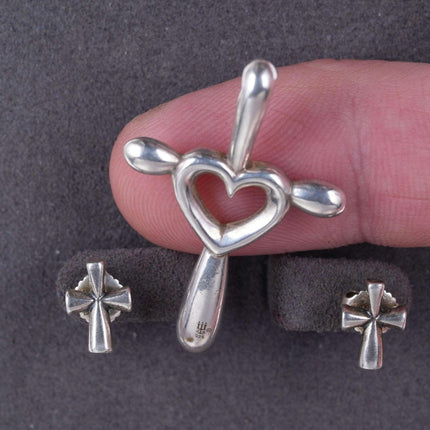 Retired James Avery Sterling silver Cross with Heart pendant and Cross stud earr