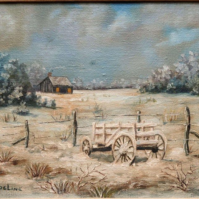 Noeline Harris (1923-2011) Paesaggio collinare di Austin Texas con fattoria e carro