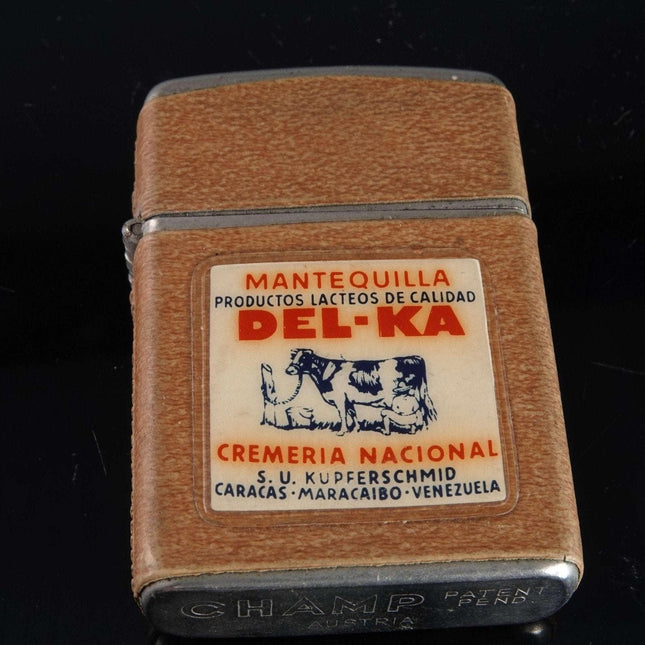 Seltenes Mantequilla Del-KA Cermeria Nacional Venezuela Champ österreichisches Feuerzeug aus den 1950er Jahren von South American Dairy