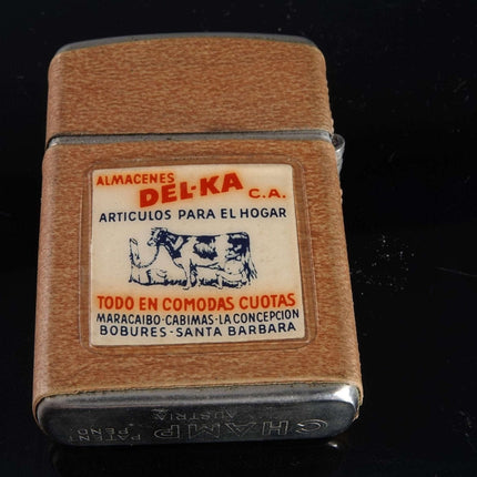 Seltenes Mantequilla Del-KA Cermeria Nacional Venezuela Champ österreichisches Feuerzeug aus den 1950er Jahren von South American Dairy