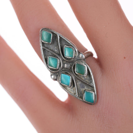 sz5.5 Zuni silver and turquoise flush inlay long ring