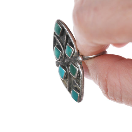 sz5.5 Zuni silver and turquoise flush inlay long ring