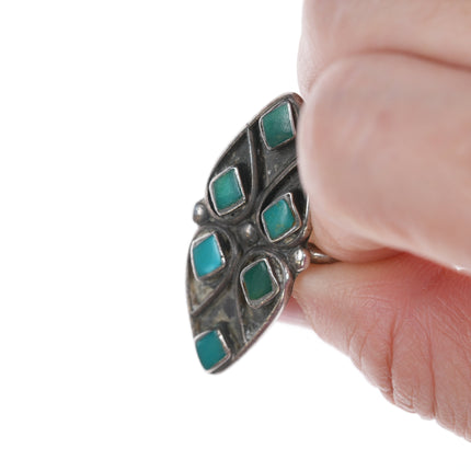 sz5.5 Zuni silver and turquoise flush inlay long ring