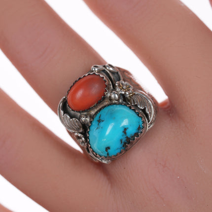 sz10 JM Native American silver turquoise, and coral ring