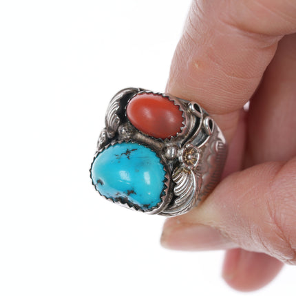 sz10 JM Native American silver turquoise, and coral ring