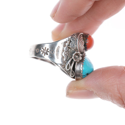 sz10 JM Native American silver turquoise, and coral ring