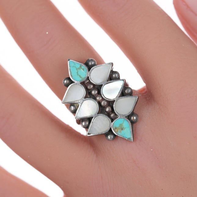 sz7 Zuni Flush inlay silver, turquoise and shell ring