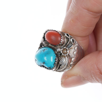 sz10 JM Native American silver turquoise, and coral ring