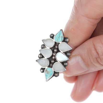 sz7 Zuni Flush inlay silver, turquoise and shell ring