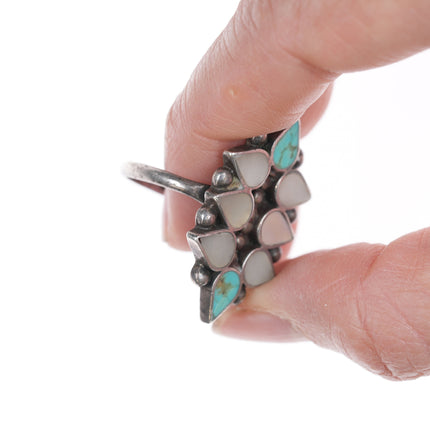 sz7 Zuni Flush inlay silver, turquoise and shell ring