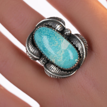 sz8 Vintage Native American silver and turquoise ring with 4 leaves