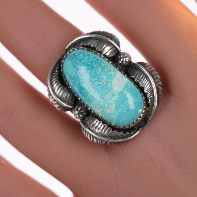 sz8 Vintage Native American silver and turquoise ring with 4 leaves