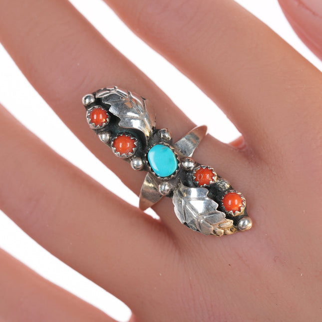 sz7.5 Zuni silver turquoise, and coral 5 stone long ring