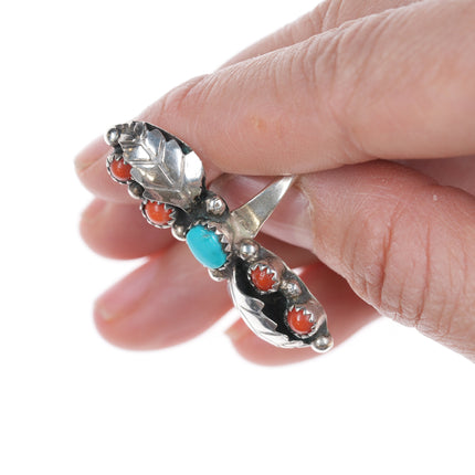 sz7.5 Zuni silver turquoise, and coral 5 stone long ring