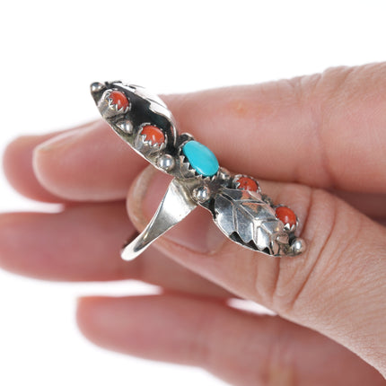 sz7.5 Zuni silver turquoise, and coral 5 stone long ring