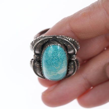 sz8 Vintage Native American silver and turquoise ring with 4 leaves