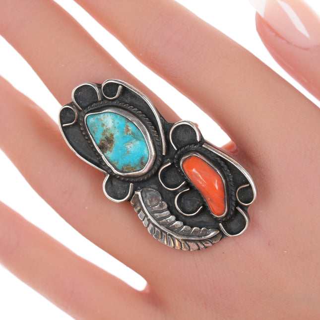 sz7.5 Large Vintage sterling, turquoise, and coral native American ring