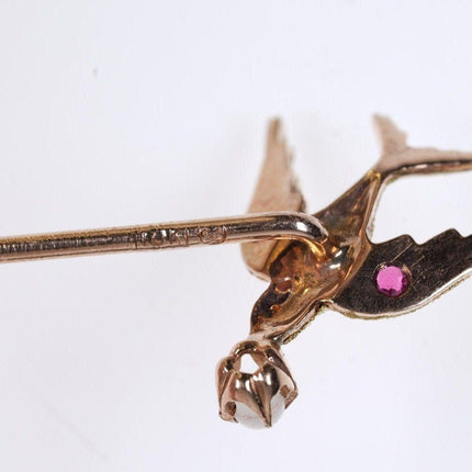 Antique 10k gold Bird Stickpin with ruby eyes pearl mouth