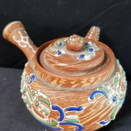古董小日本茶壶红土 Moriage 萨摩装饰大理石花纹不寻常 c.1900