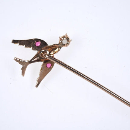 Antique 10k gold Bird Stickpin with ruby eyes pearl mouth