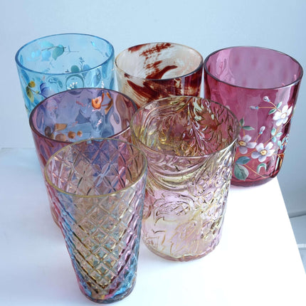c1890 艺术玻璃杯系列、Amberina Mary Gregory、彩虹玻璃、手工珐琅蔓越莓等