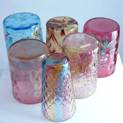 c1890 Art glass tumbler collection, Amberina Mary Gregory, Rainbow Glass, Hand e