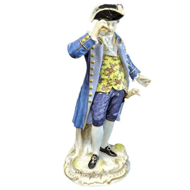 Antique Meissen Man with Looking Glass Telescope Figure 8 1/8"