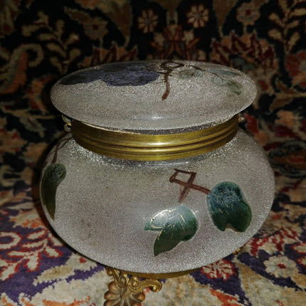Art Glass Dresser Jar Coralene with hand painted berries Gold Accents with gilt