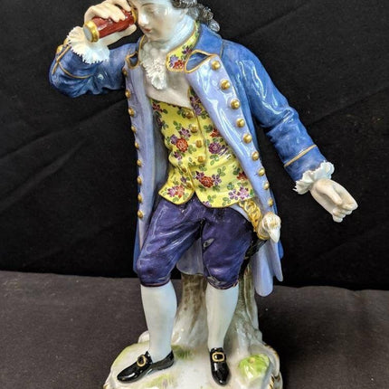 Antique Meissen Man with Looking Glass Telescope Figure 8 1/8"